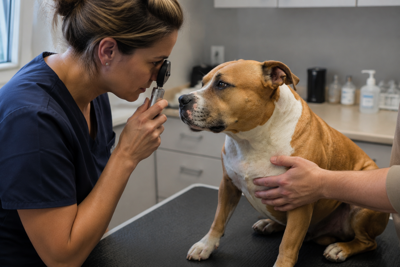 Veterinářka pečlivě vyšetřuje oko psa